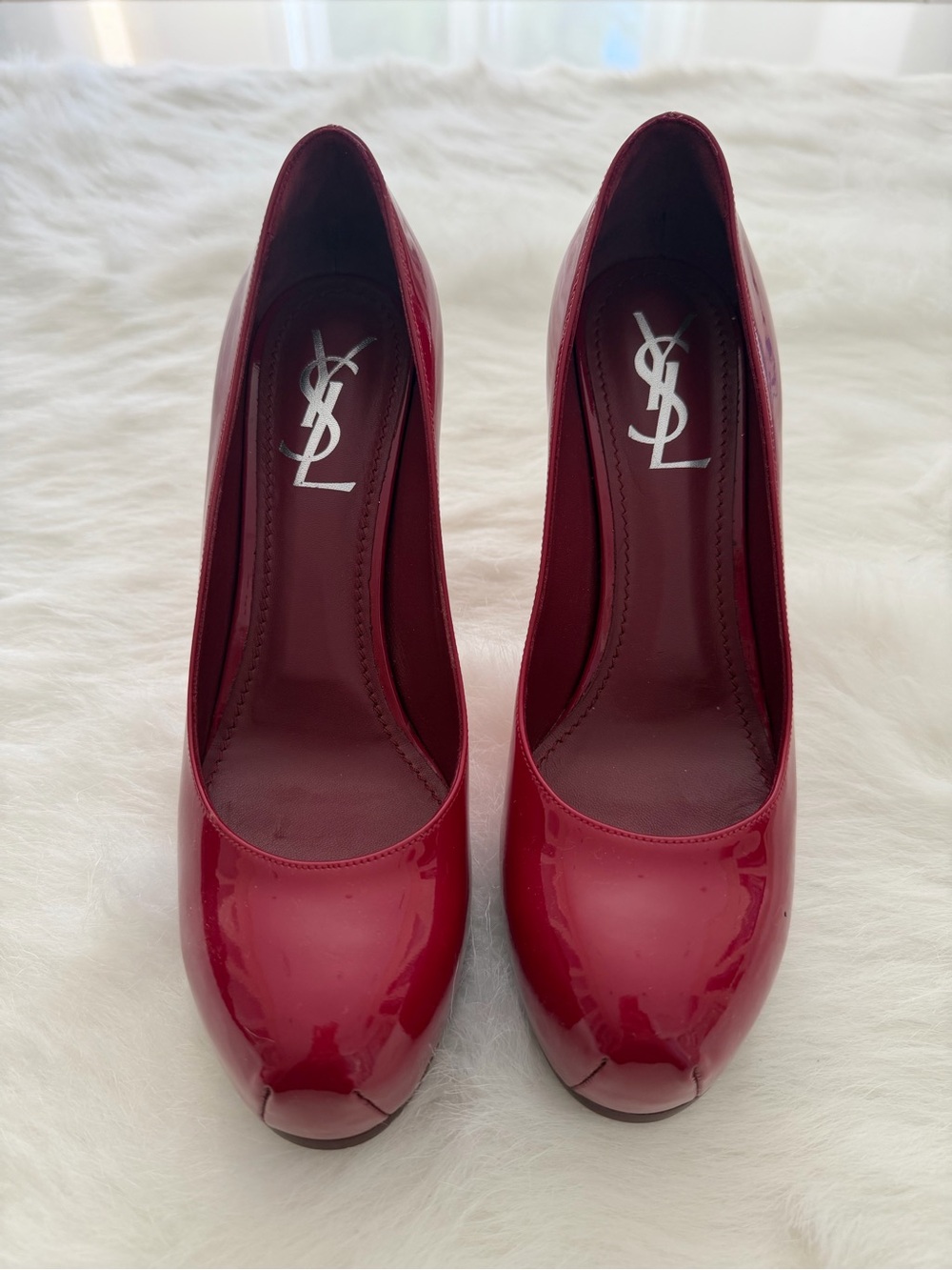 Saint Laurent YSL Red Patent Leather Peep Toe Platform Pumps Size 38 NEW